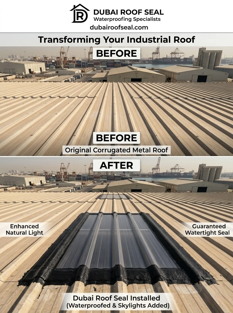 Industrial corrugated metal roof transformation before and after Dubai Roof Seal