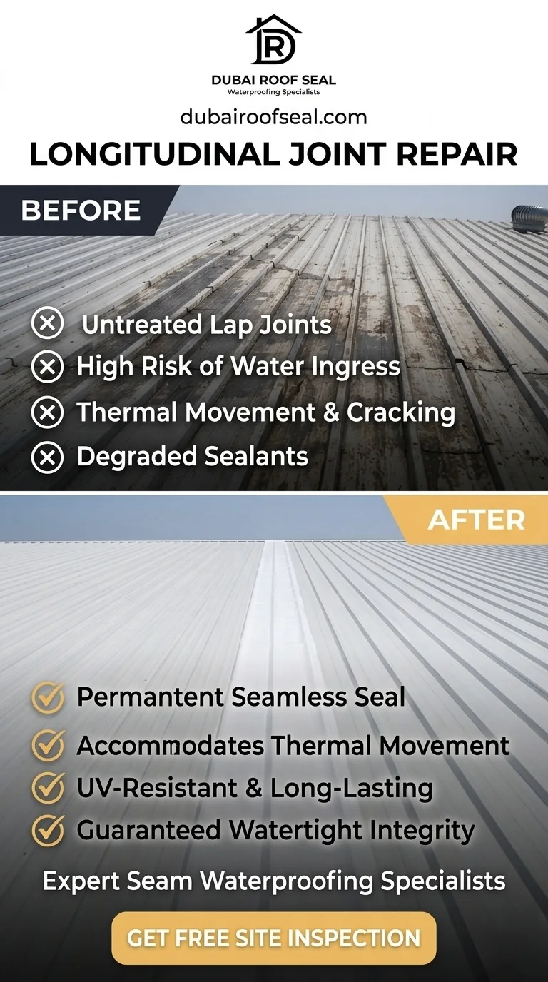 Longitudinal joint seam sealing corrugated metal roof Dubai