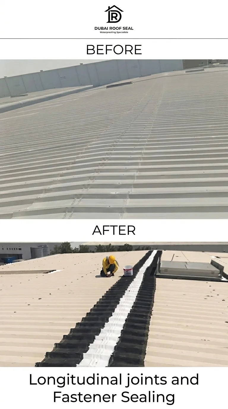 Before and after longitudinal joint and fastener sealing metal roof Dubai