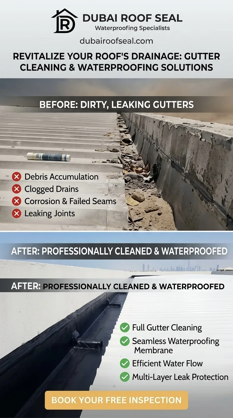 Before and after roof gutter cleaning and waterproofing Dubai
