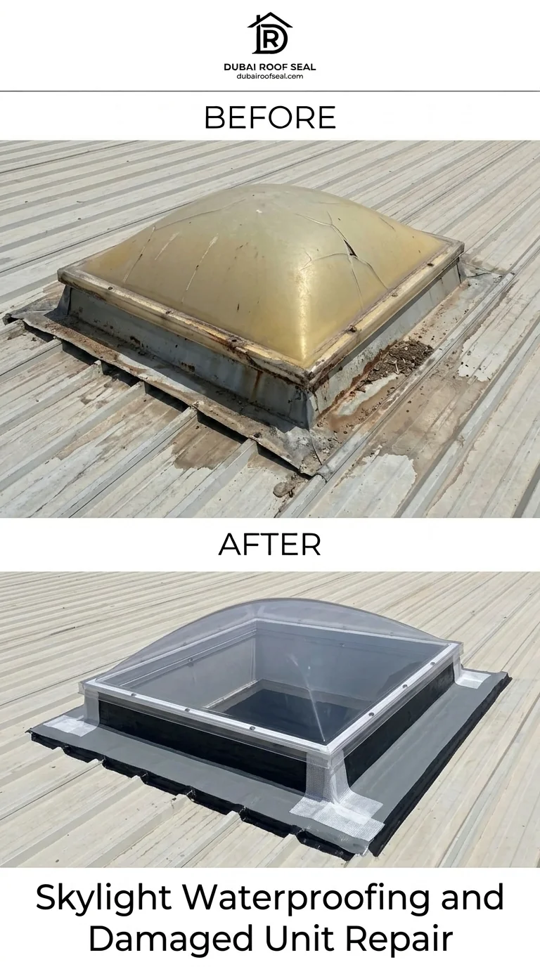 Skylight waterproofing and damaged unit repair Dubai