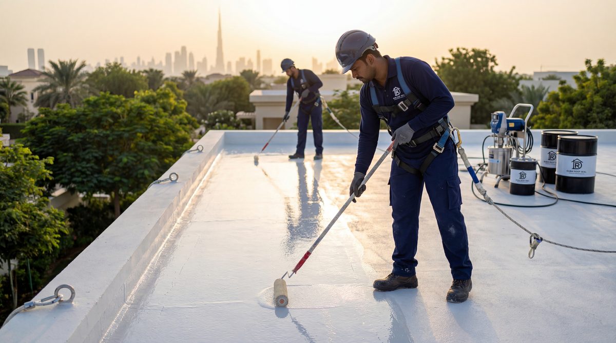 Professional waterproofing equipment Dubai skyline