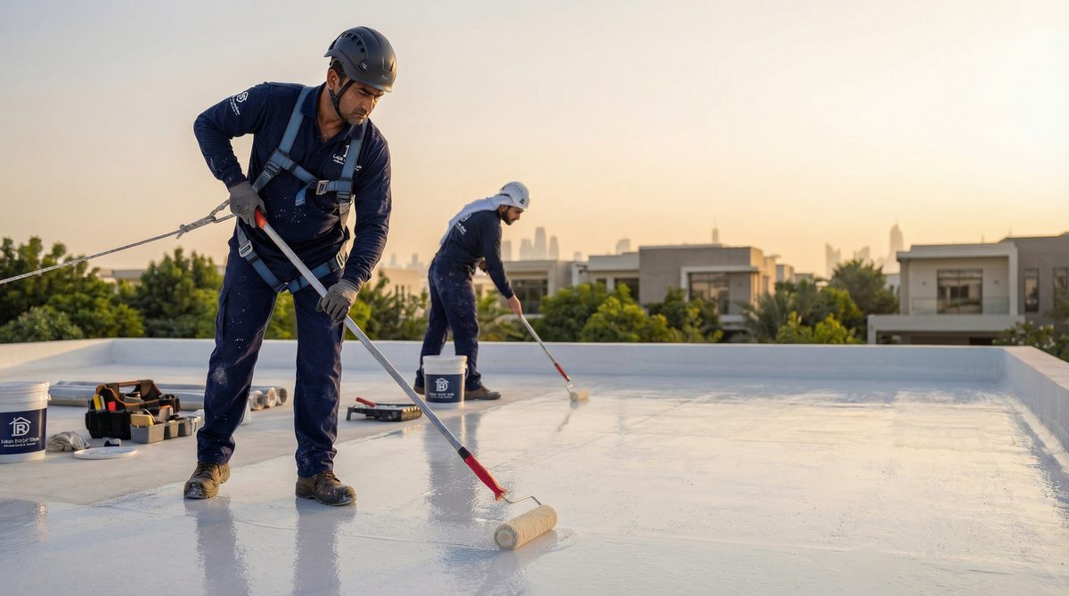 Villa roof waterproofing at sunset Dubai
