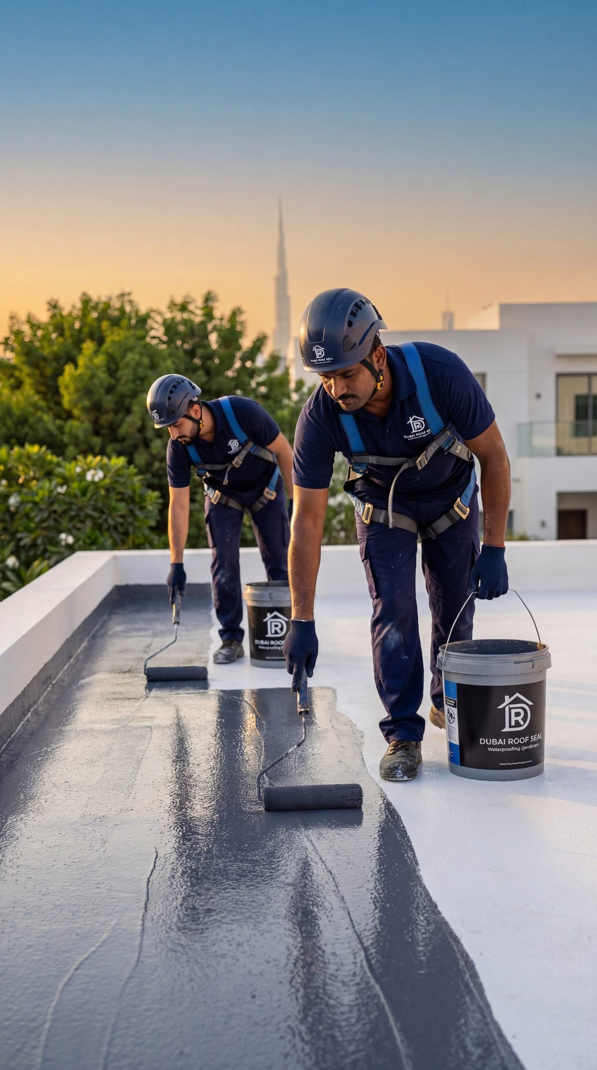 Dubai Roof Seal technicians applying waterproofing on villa rooftop